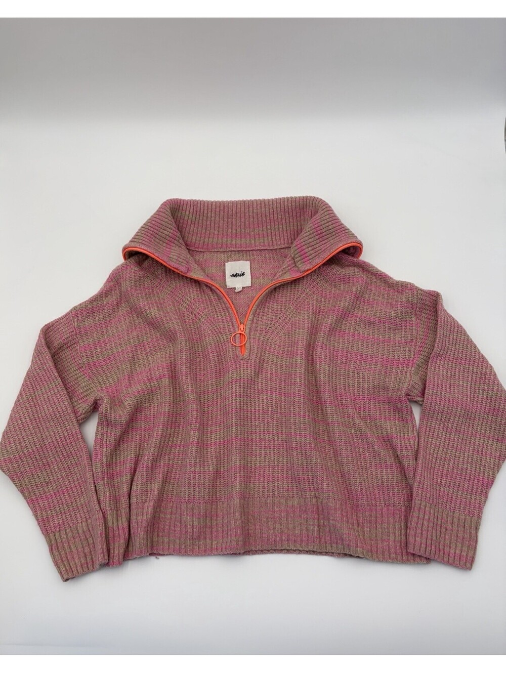 Aerie Pink & Tan Striped 1/2 Zip Cropped Pullover Knit Sweater Size M